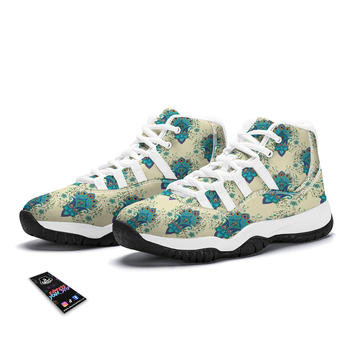 Peacock Feather Vintage Print Pattern White Bball Shoes-grizzshop