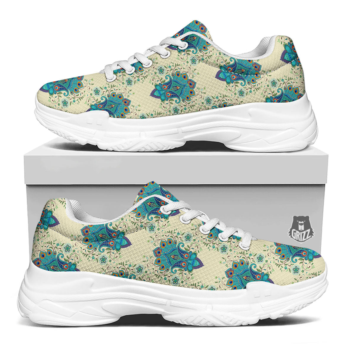 Peacock Feather Vintage Print Pattern White Chunky Shoes-grizzshop