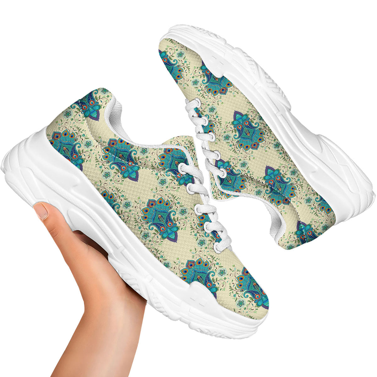Peacock Feather Vintage Print Pattern White Chunky Shoes-grizzshop