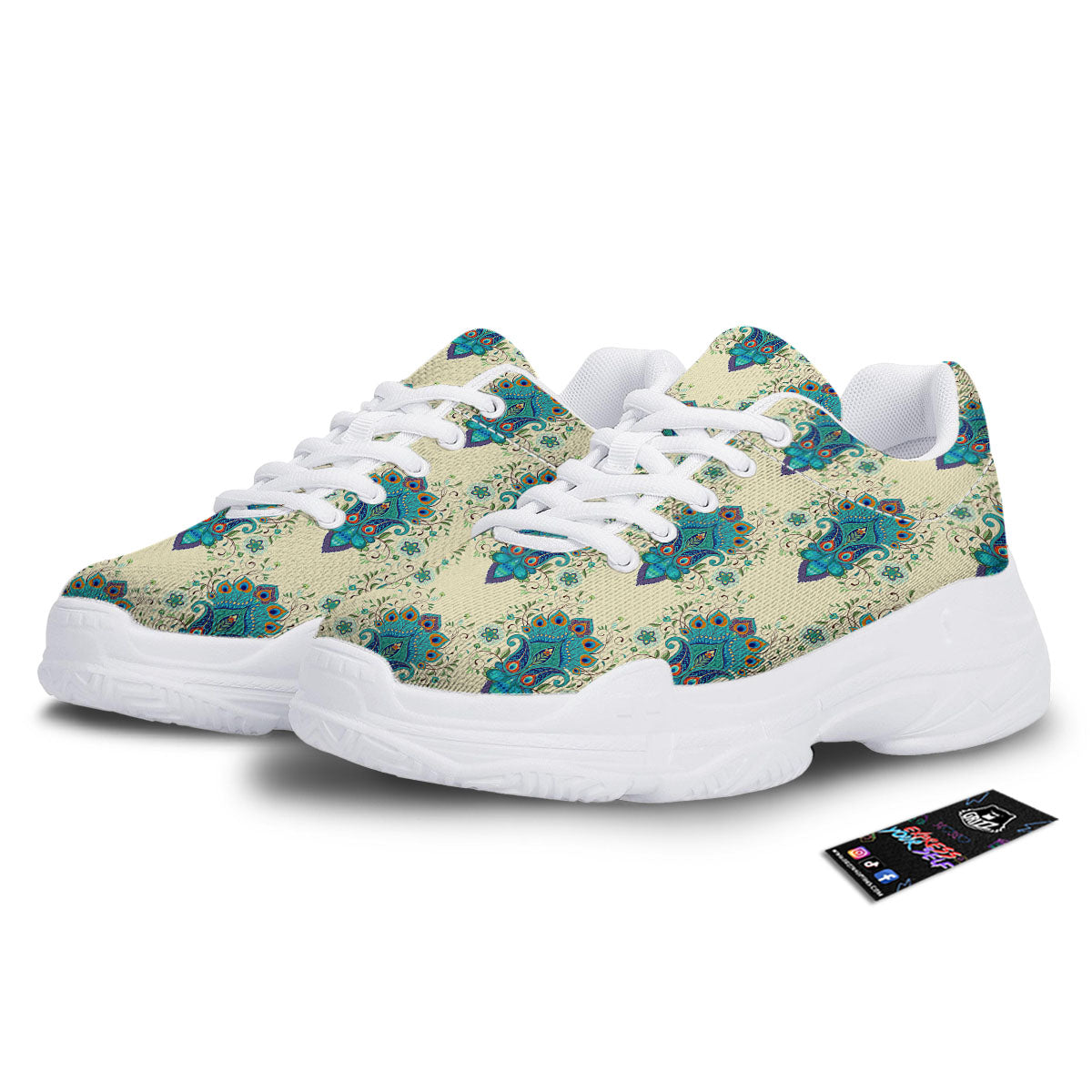 Peacock Feather Vintage Print Pattern White Chunky Shoes-grizzshop