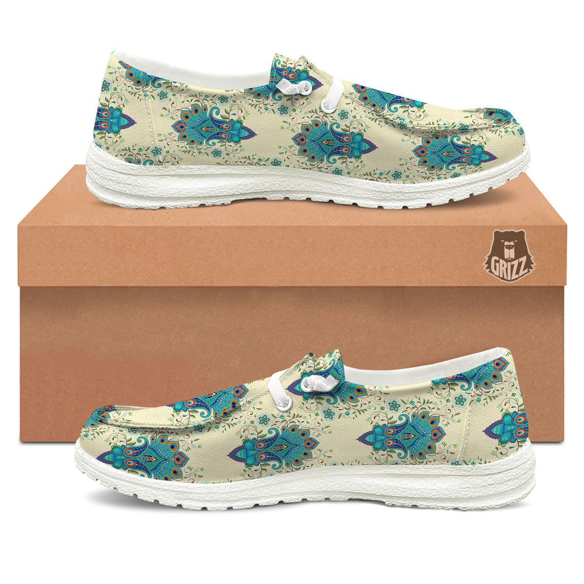Peacock Feather Vintage Print Pattern White Loafers-grizzshop