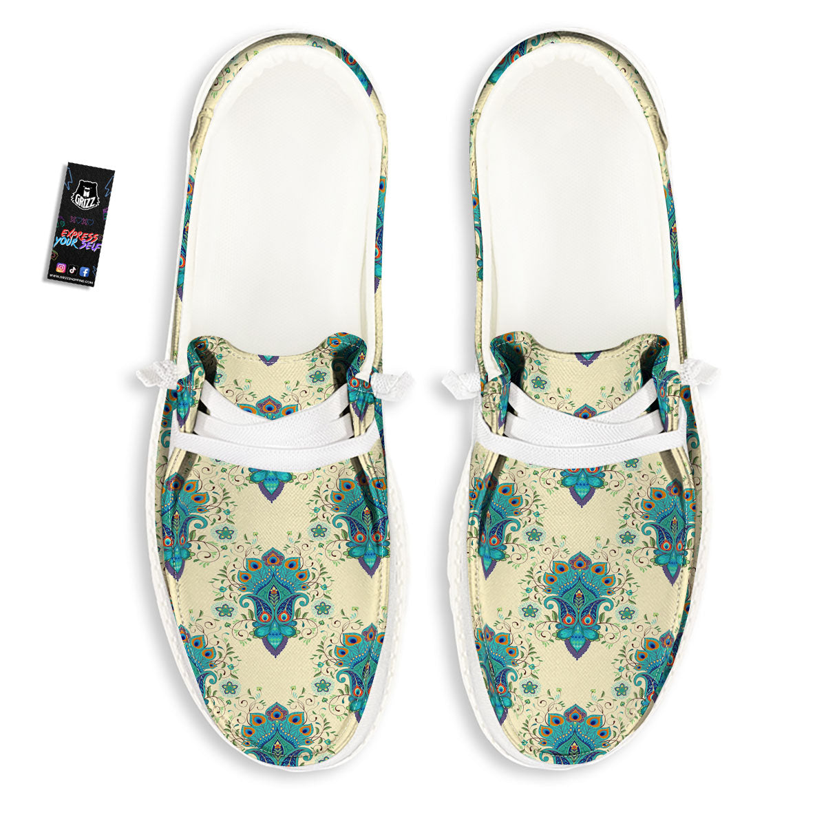Peacock Feather Vintage Print Pattern White Loafers-grizzshop
