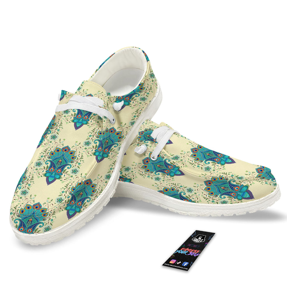 Peacock Feather Vintage Print Pattern White Loafers-grizzshop