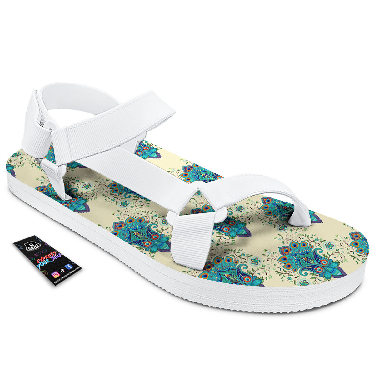 Peacock Feather Vintage Print Pattern White Open Toe Sandals-grizzshop