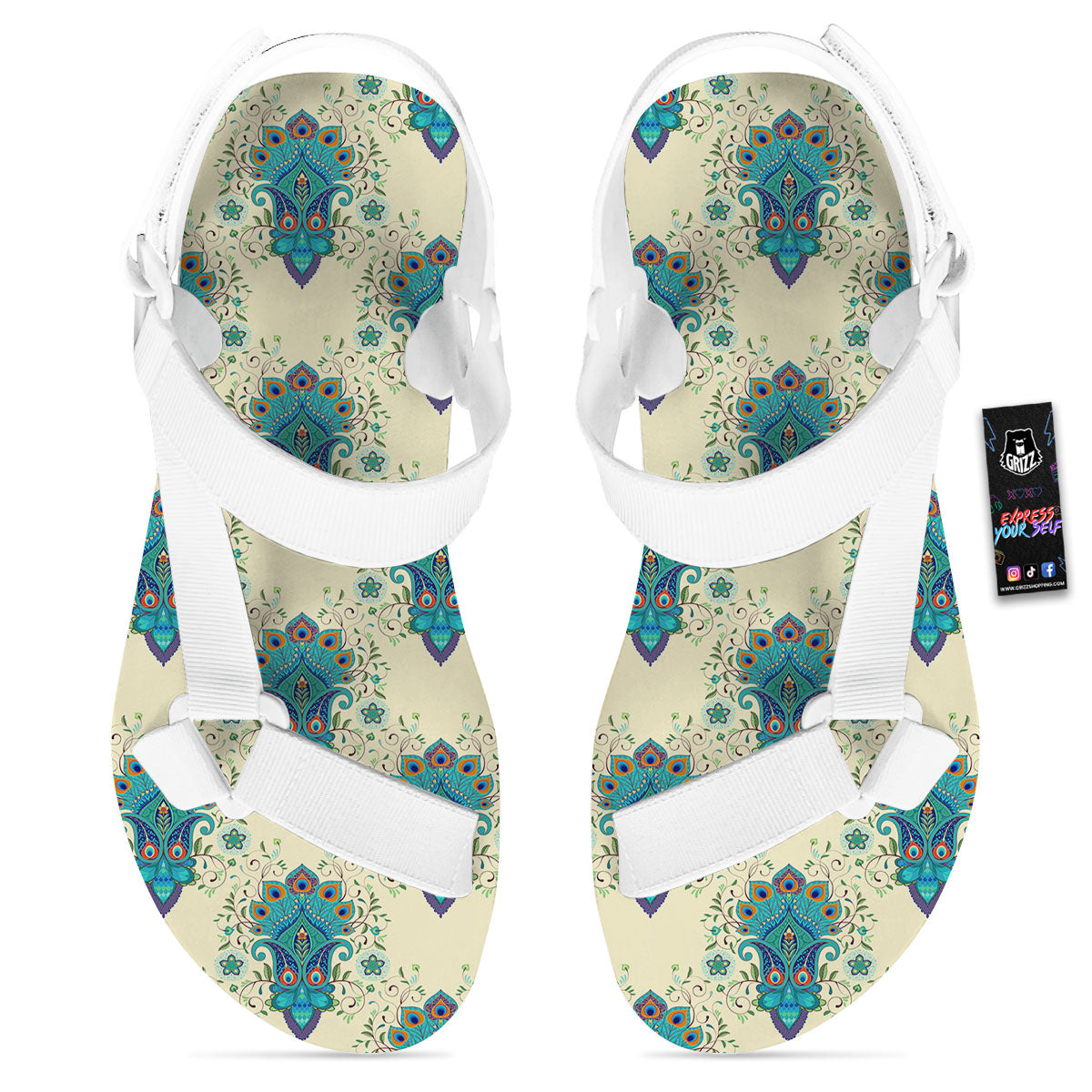 Peacock Feather Vintage Print Pattern White Open Toe Sandals-grizzshop