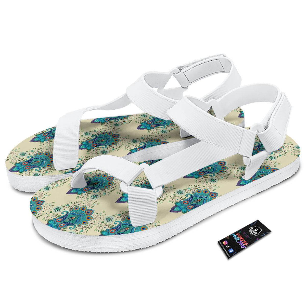 Peacock Feather Vintage Print Pattern White Open Toe Sandals-grizzshop