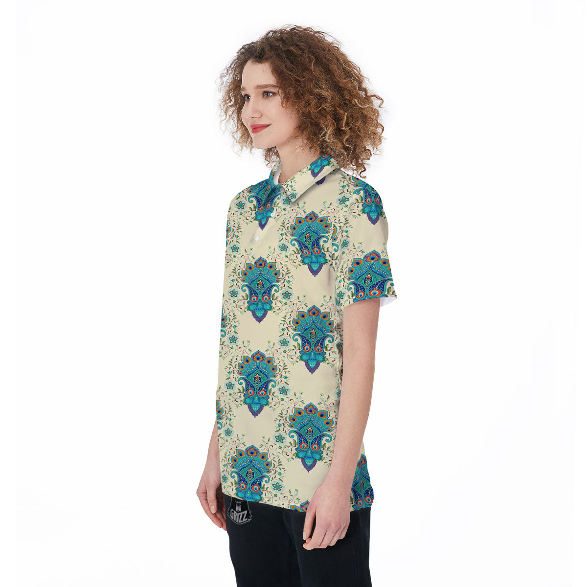 Peacock Feather Vintage Print Pattern Women's Golf Shirts-grizzshop