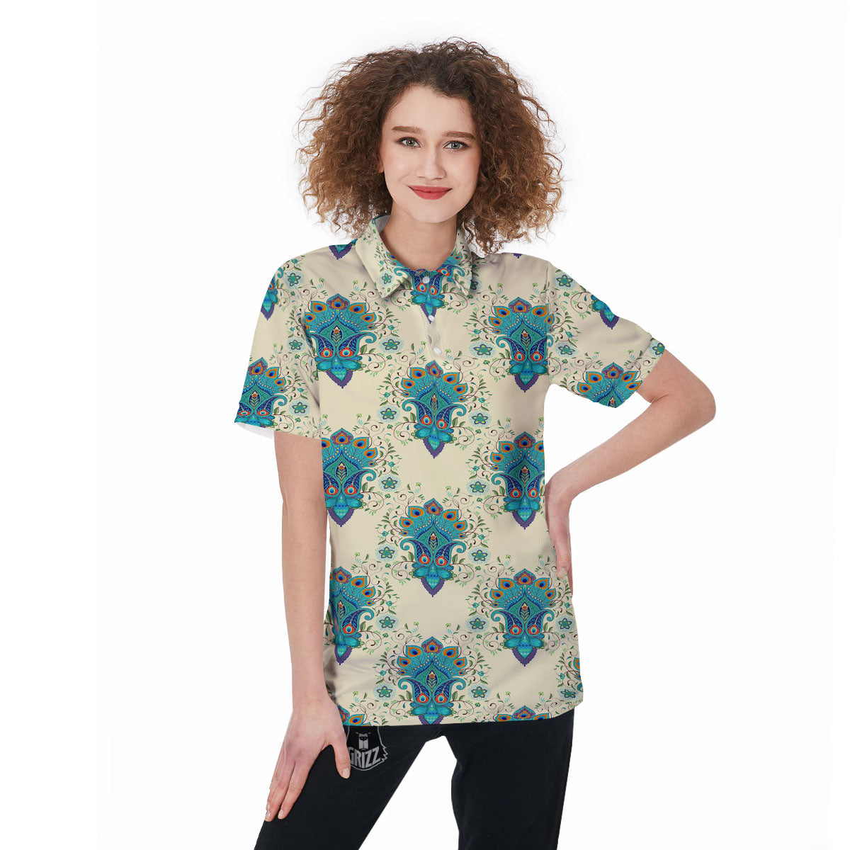 Peacock Feather Vintage Print Pattern Women's Golf Shirts-grizzshop