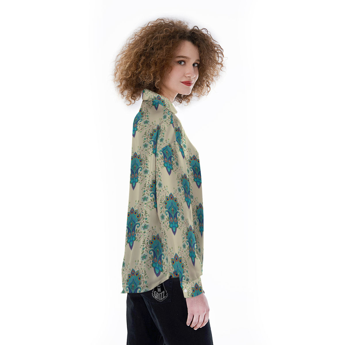 Peacock Feather Vintage Print Pattern Women's Long Sleeve Shirts-grizzshop