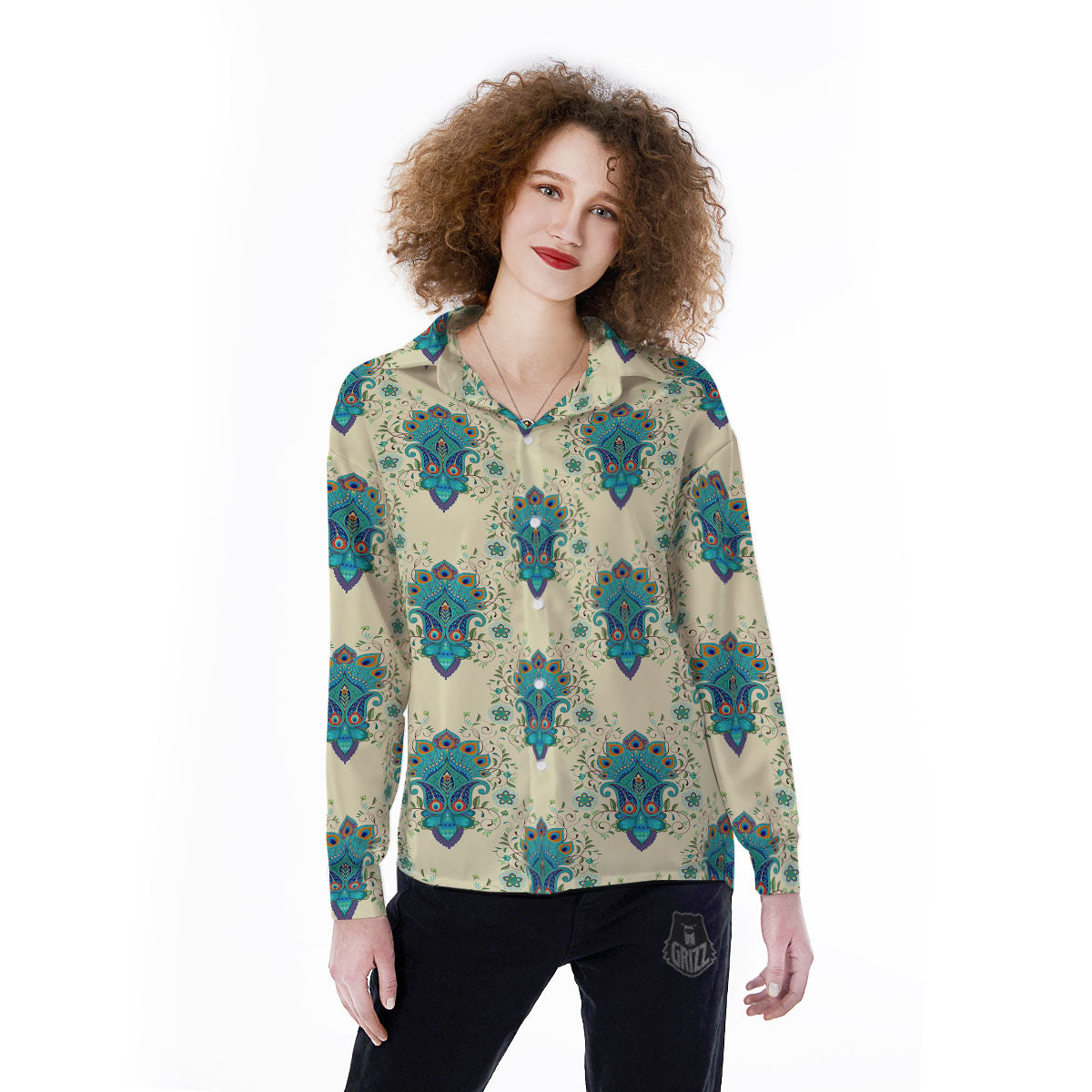 Peacock Feather Vintage Print Pattern Women's Long Sleeve Shirts-grizzshop