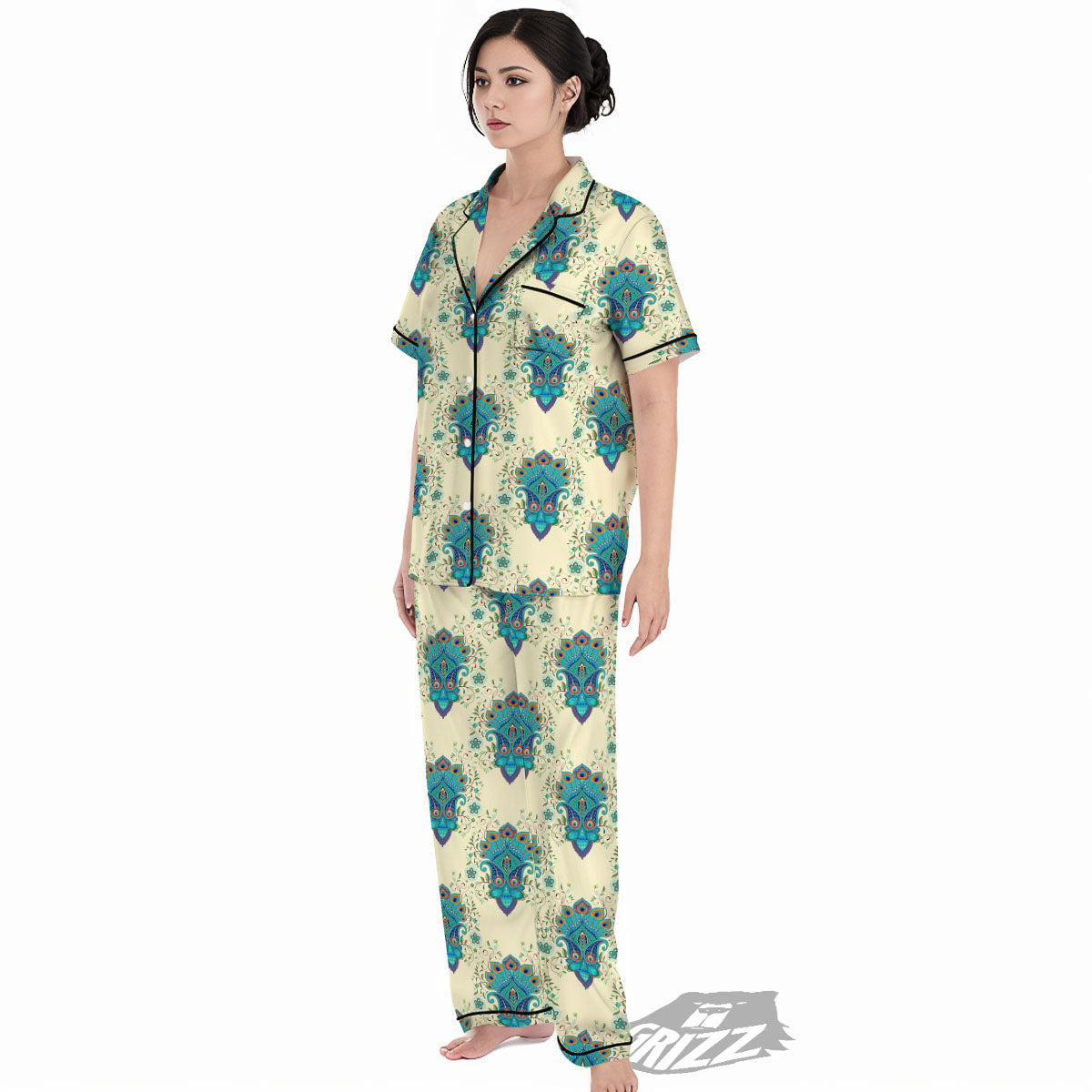 Peacock Feather Vintage Print Pattern Women's Pajamas Set-grizzshop
