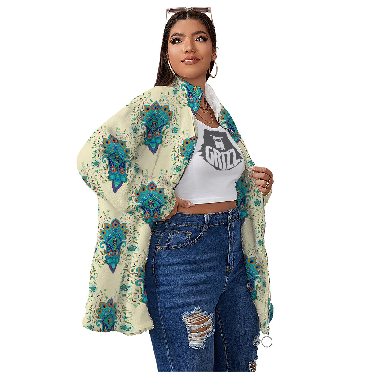 Peacock Feather Vintage Print Pattern Women's Sherpa Jacket-grizzshop