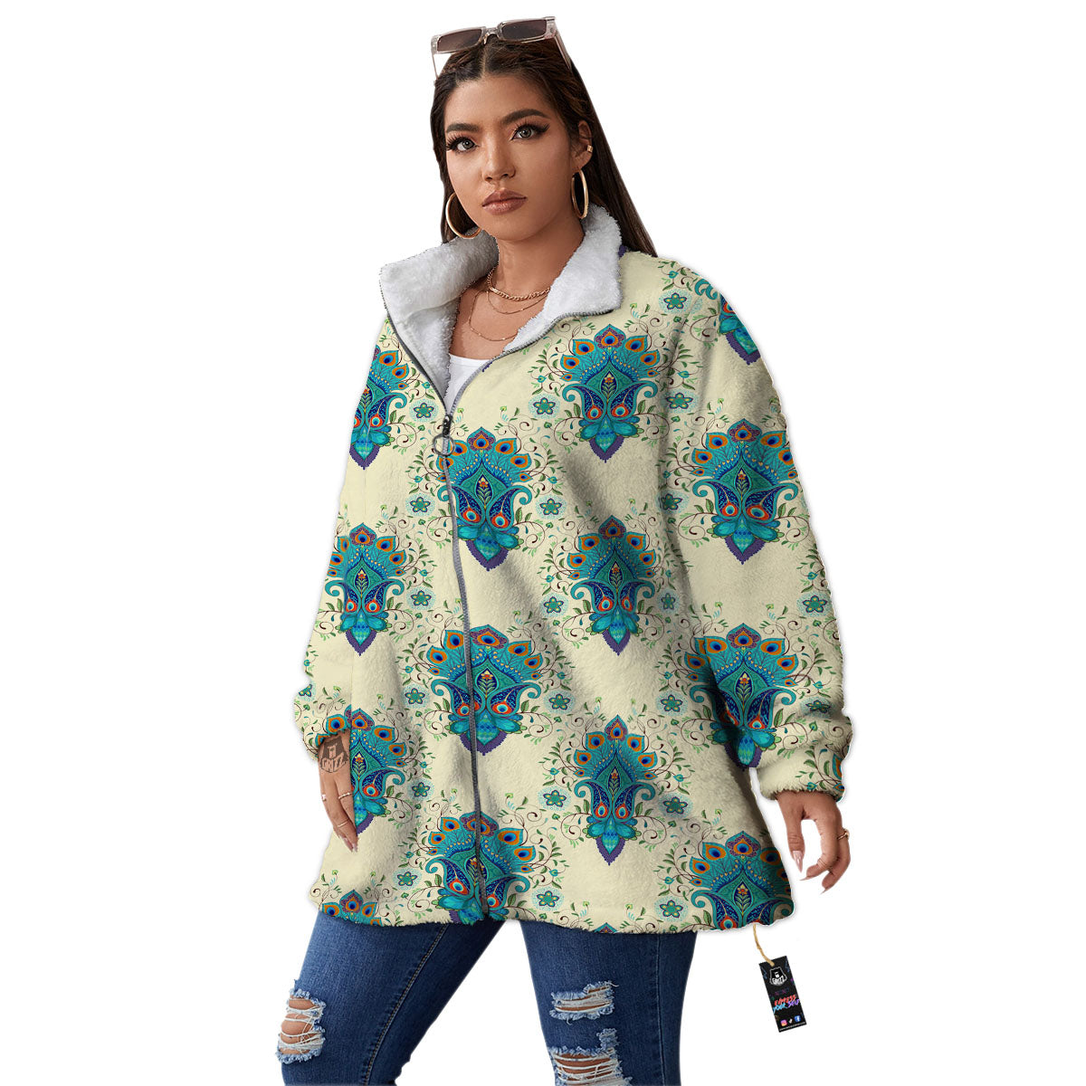 Peacock Feather Vintage Print Pattern Women's Sherpa Jacket-grizzshop