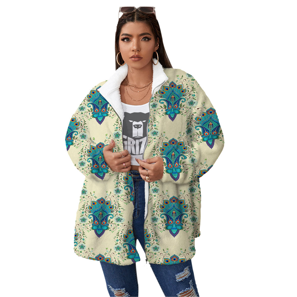 Peacock Feather Vintage Print Pattern Women's Sherpa Jacket-grizzshop