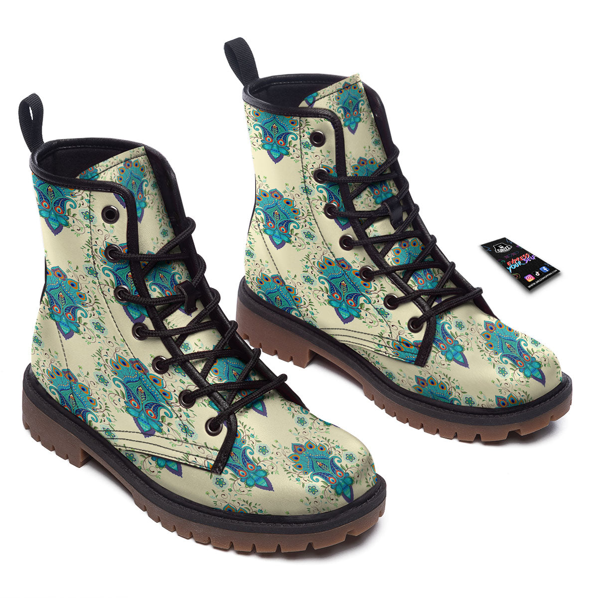 Peacock Feather Vintage Print Pattern Work Boots-grizzshop