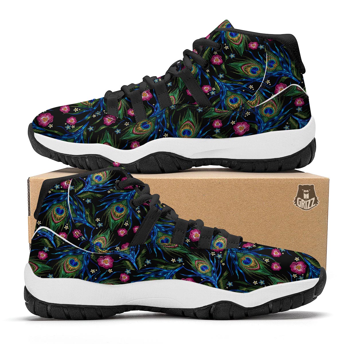 Peacock Rose Feather Pattern Print Black Bball Shoes-grizzshop