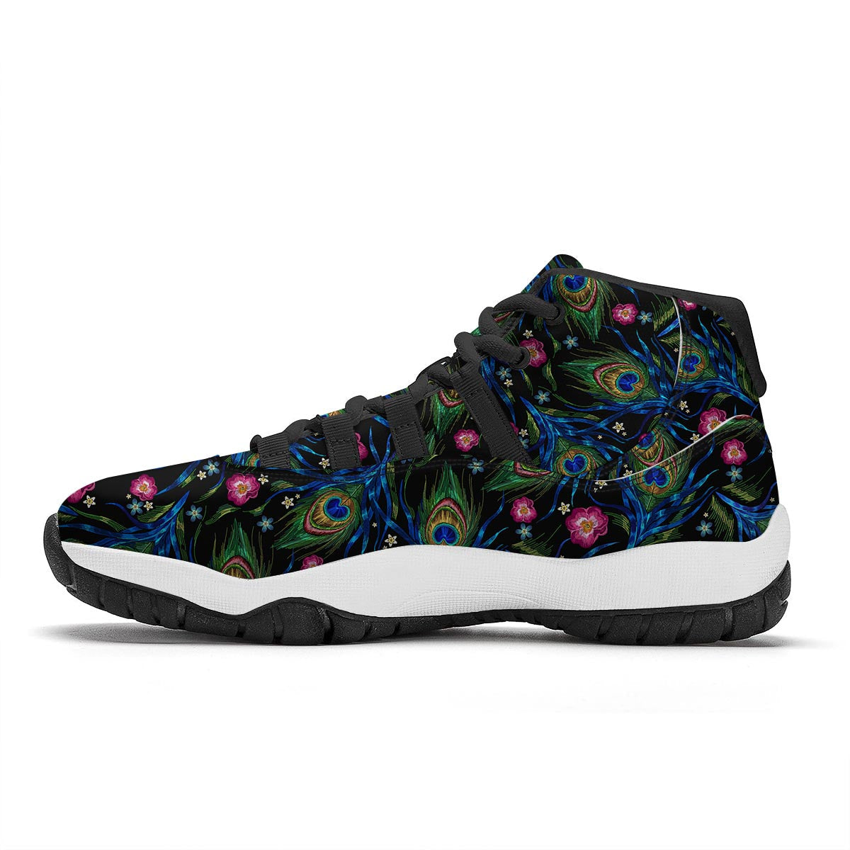 Peacock Rose Feather Pattern Print Black Bball Shoes-grizzshop