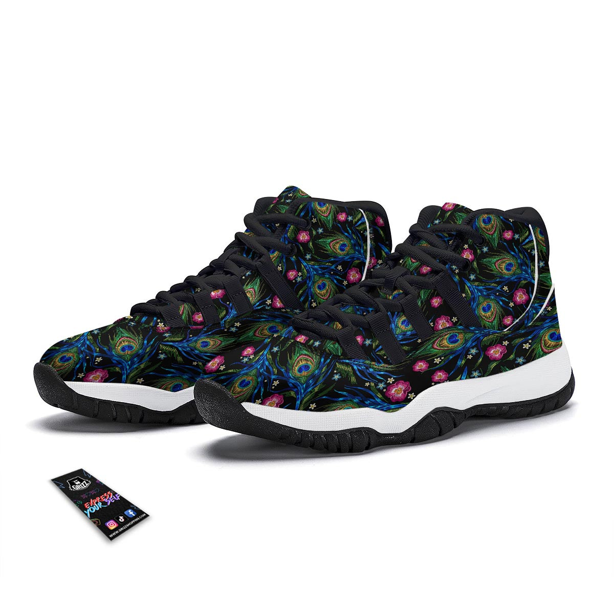 Peacock Rose Feather Pattern Print Black Bball Shoes-grizzshop