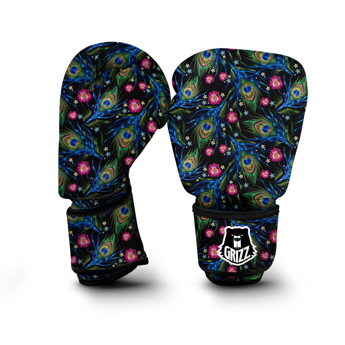 Peacock Rose Feather Pattern Print Boxing Gloves-grizzshop