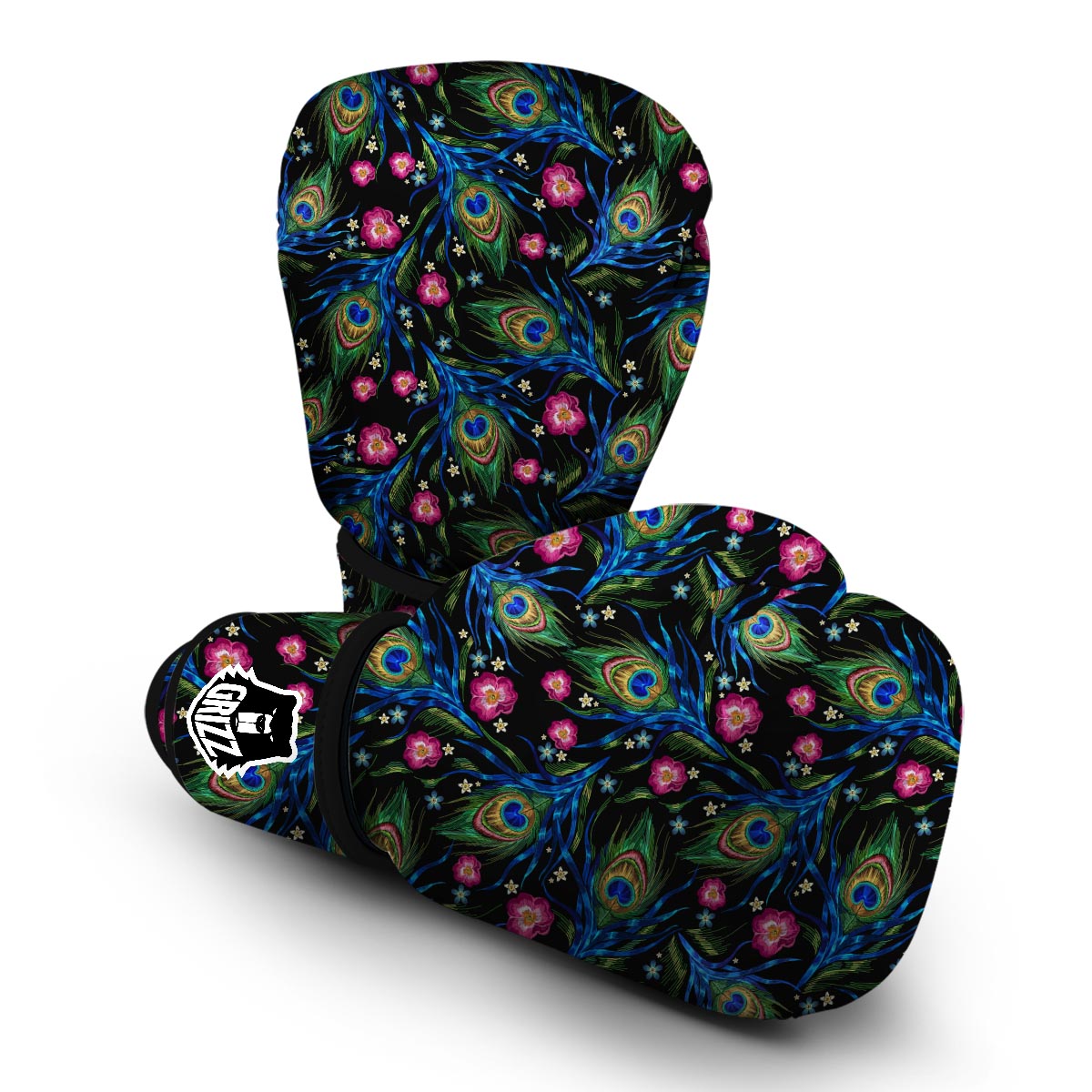 Peacock Rose Feather Pattern Print Boxing Gloves-grizzshop