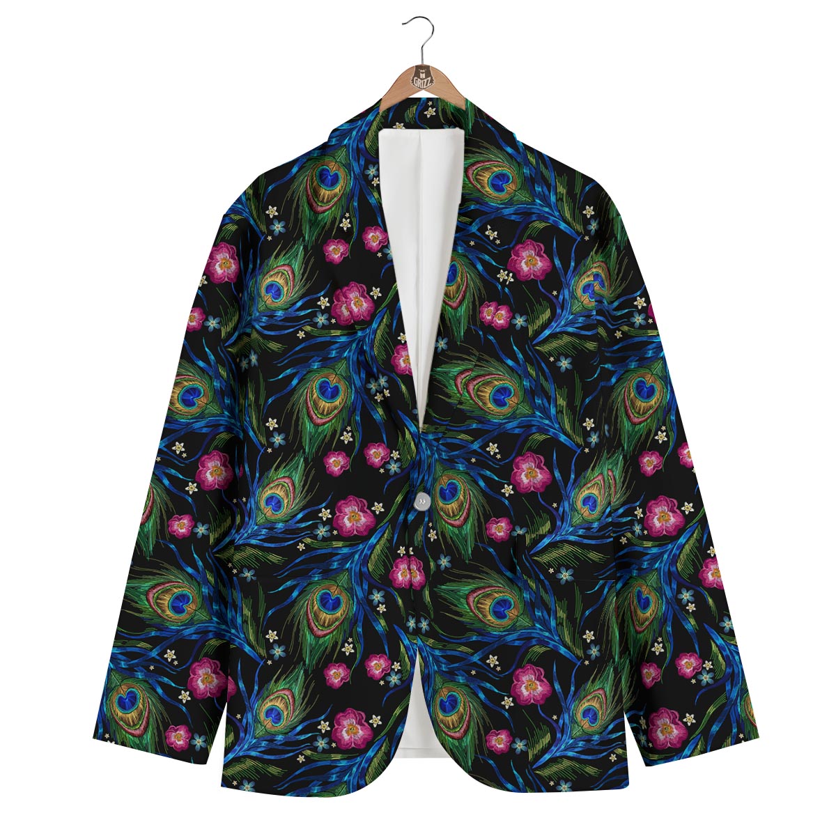Peacock Rose Feather Pattern Print Men's Blazer-grizzshop