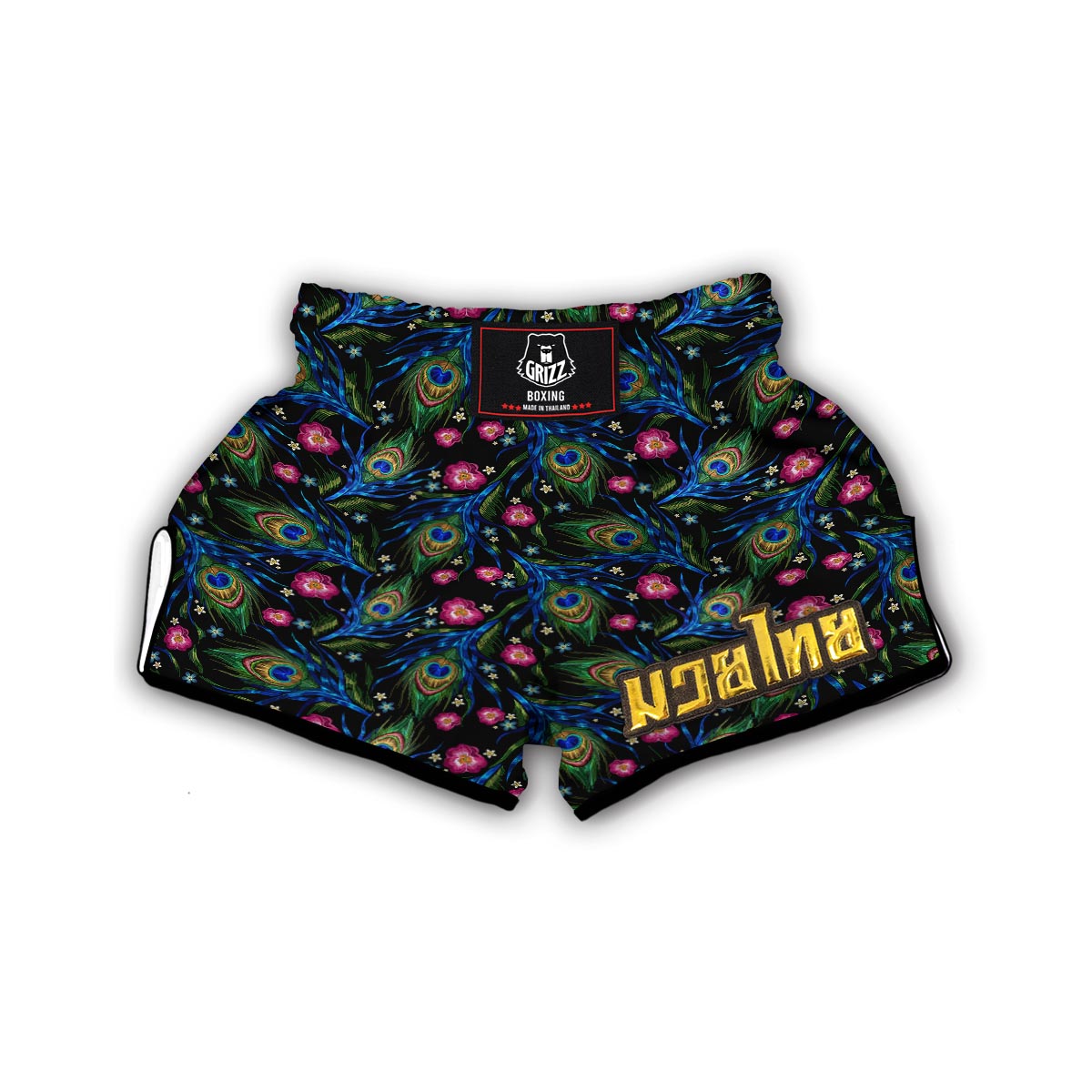 Peacock Rose Feather Pattern Print Muay Thai Boxing Shorts-grizzshop