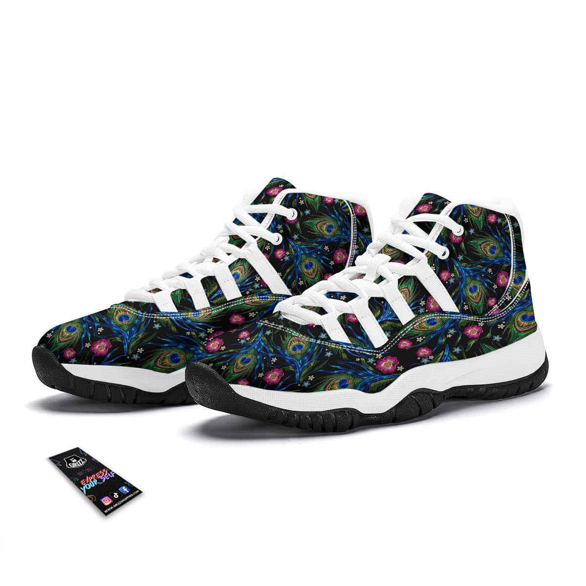 Peacock Rose Feather Pattern Print White Bball Shoes-grizzshop