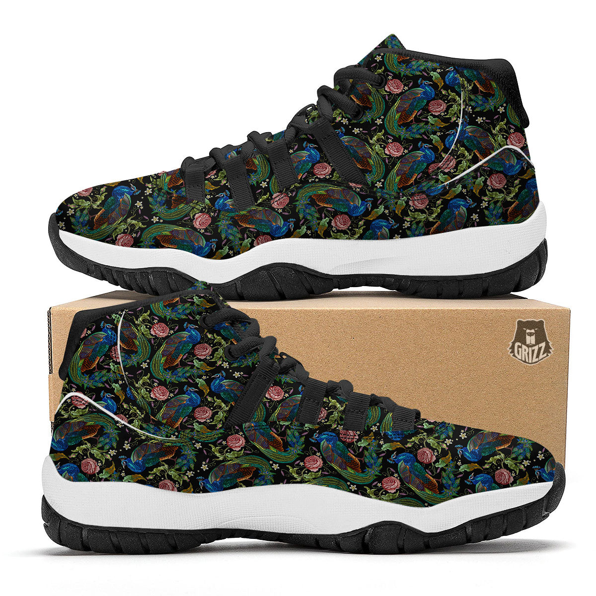 Peacock Rose Pattern Print Black Bball Shoes-grizzshop