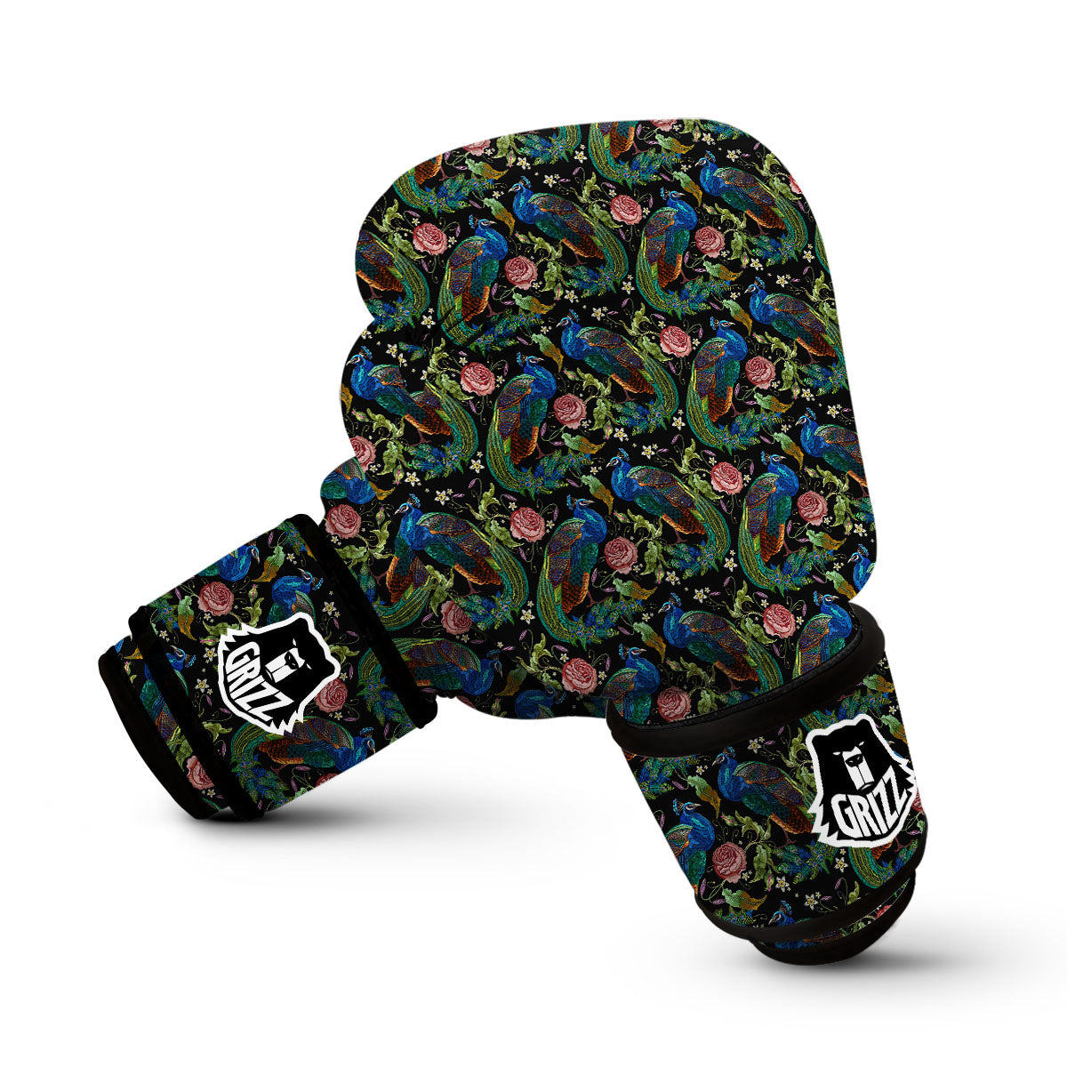Peacock Rose Pattern Print Boxing Gloves-grizzshop