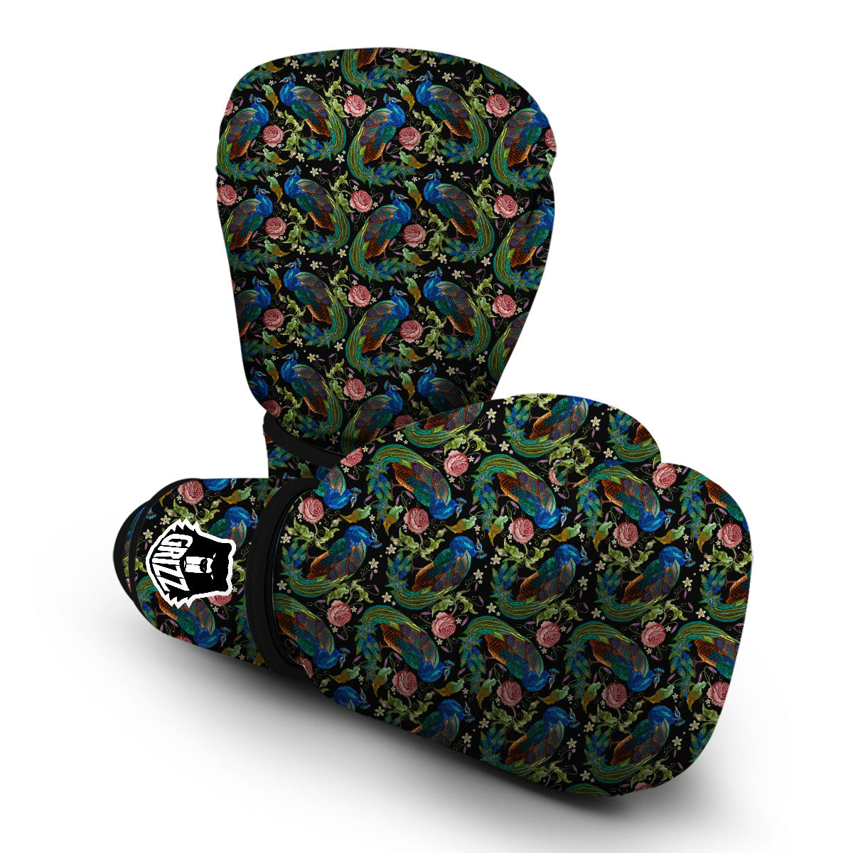 Peacock Rose Pattern Print Boxing Gloves-grizzshop