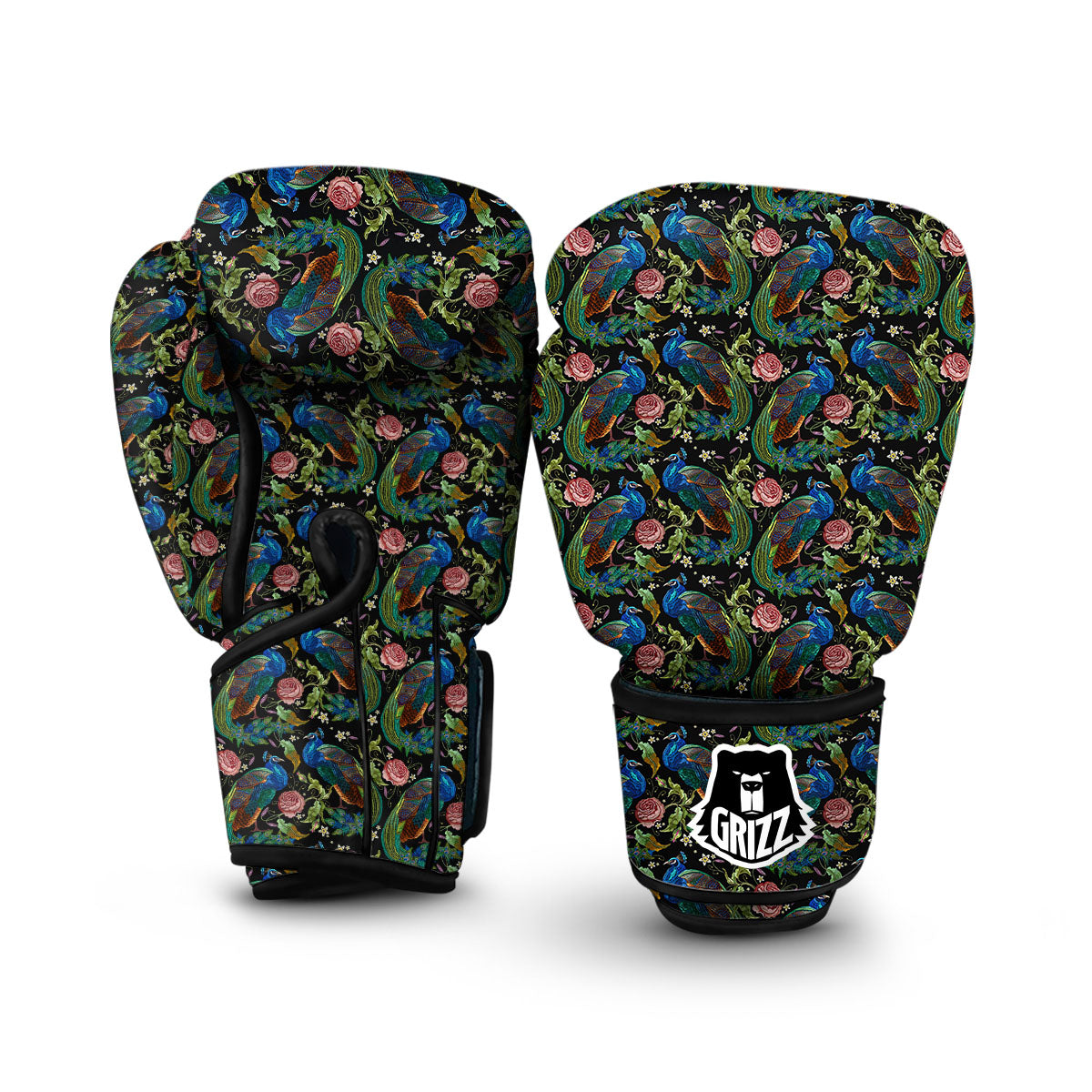 Peacock Rose Pattern Print Boxing Gloves-grizzshop