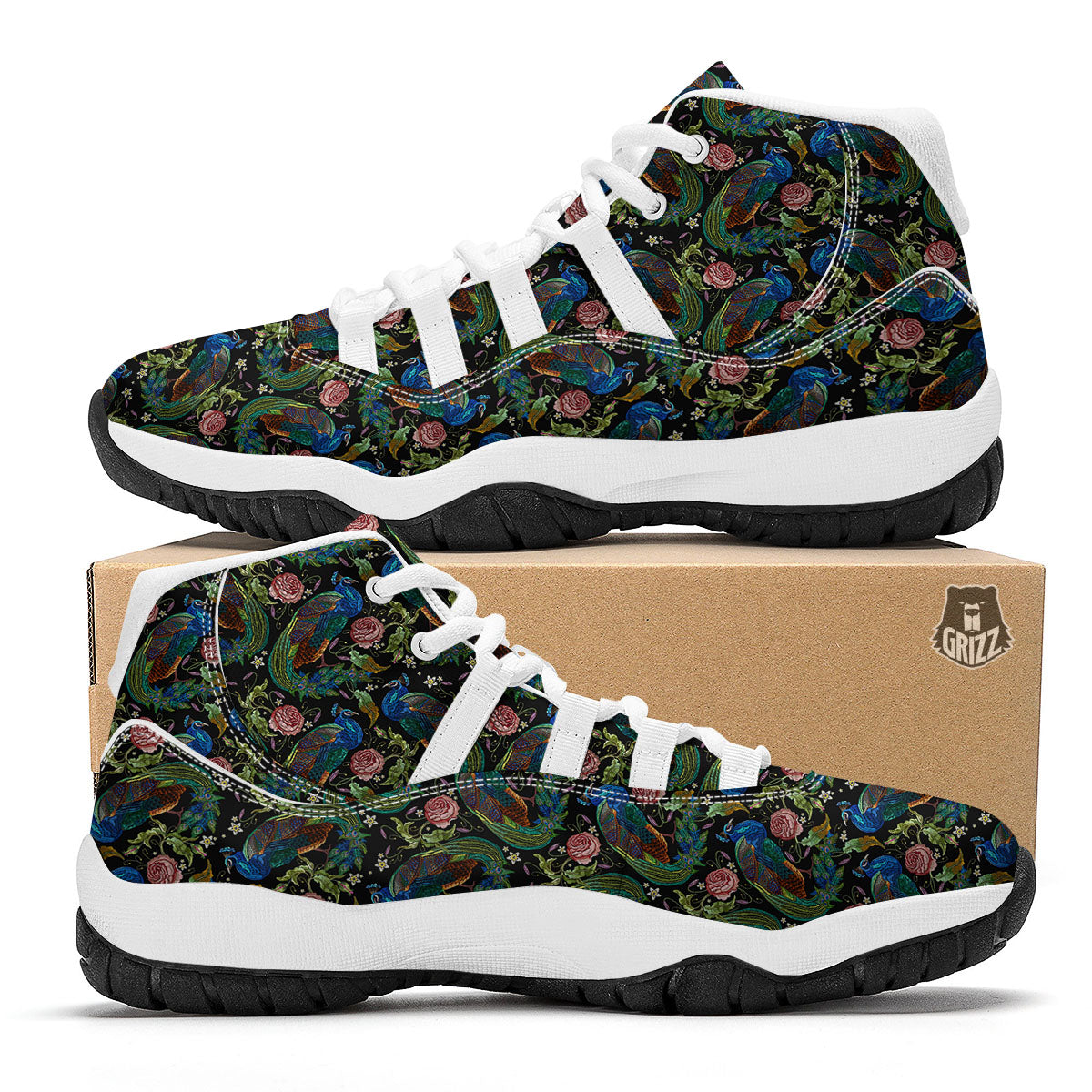 Peacock Rose Pattern Print White Bball Shoes-grizzshop