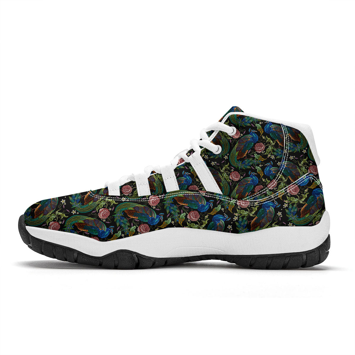 Peacock Rose Pattern Print White Bball Shoes-grizzshop