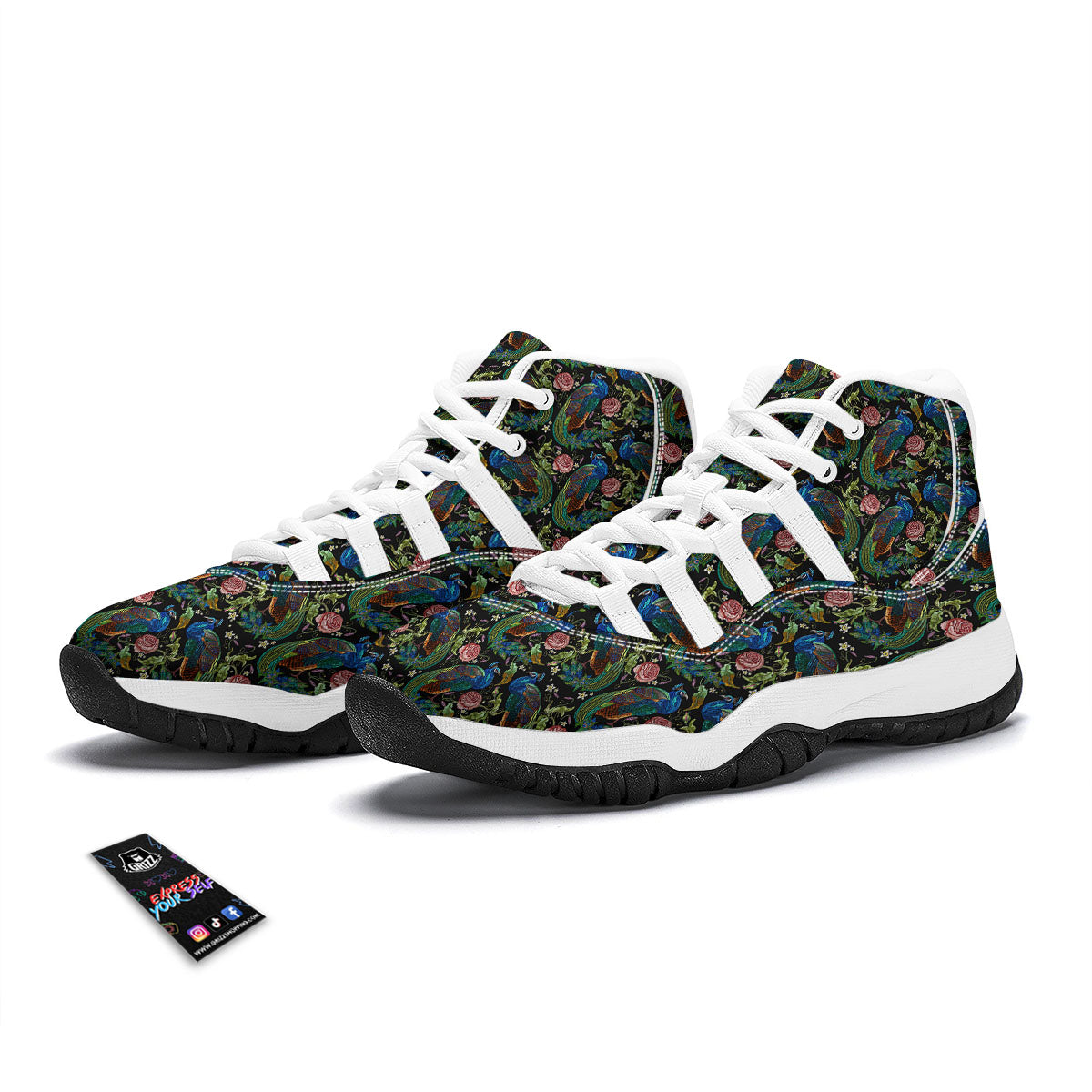 Peacock Rose Pattern Print White Bball Shoes-grizzshop