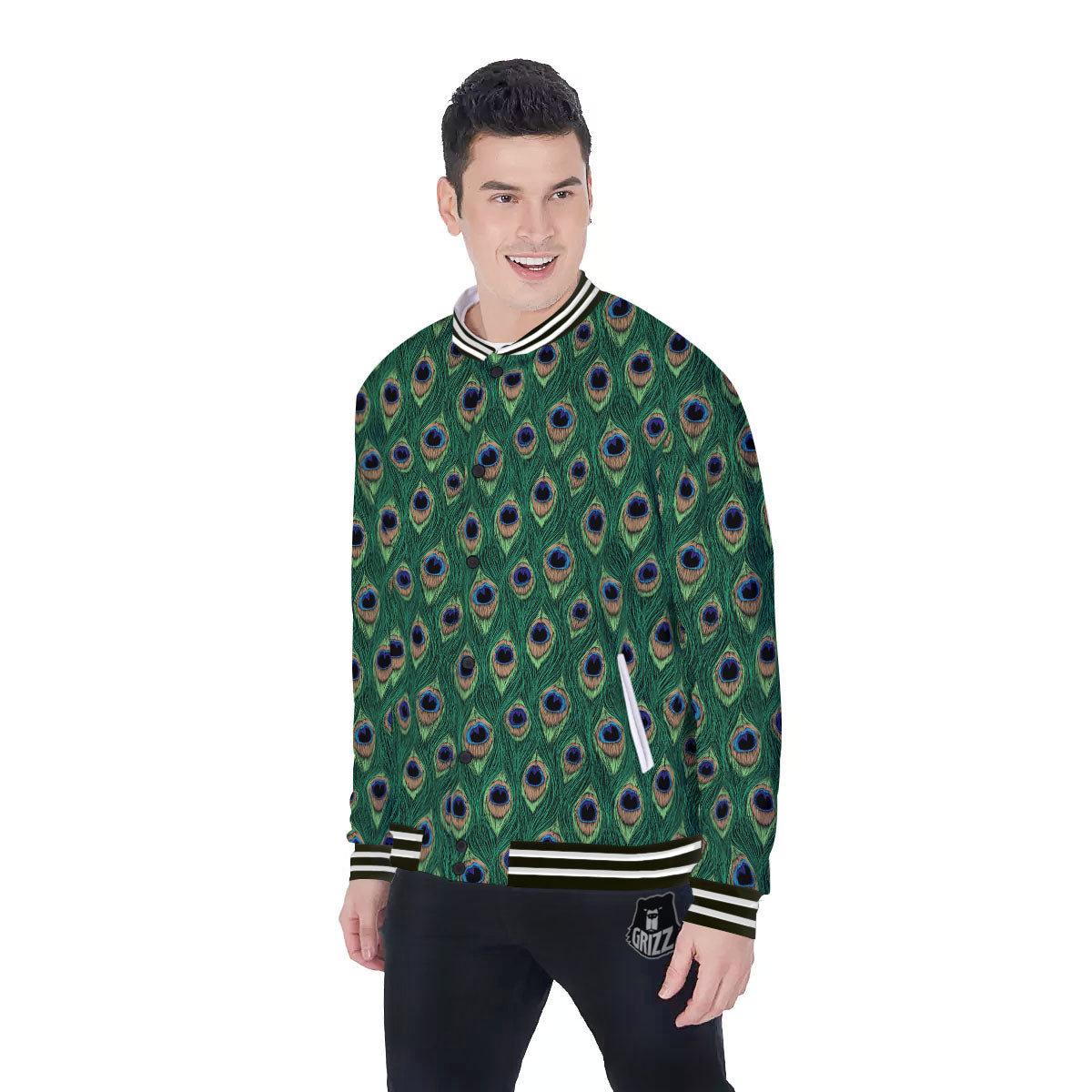 Peacock Tail Print Baseball Jacket-grizzshop