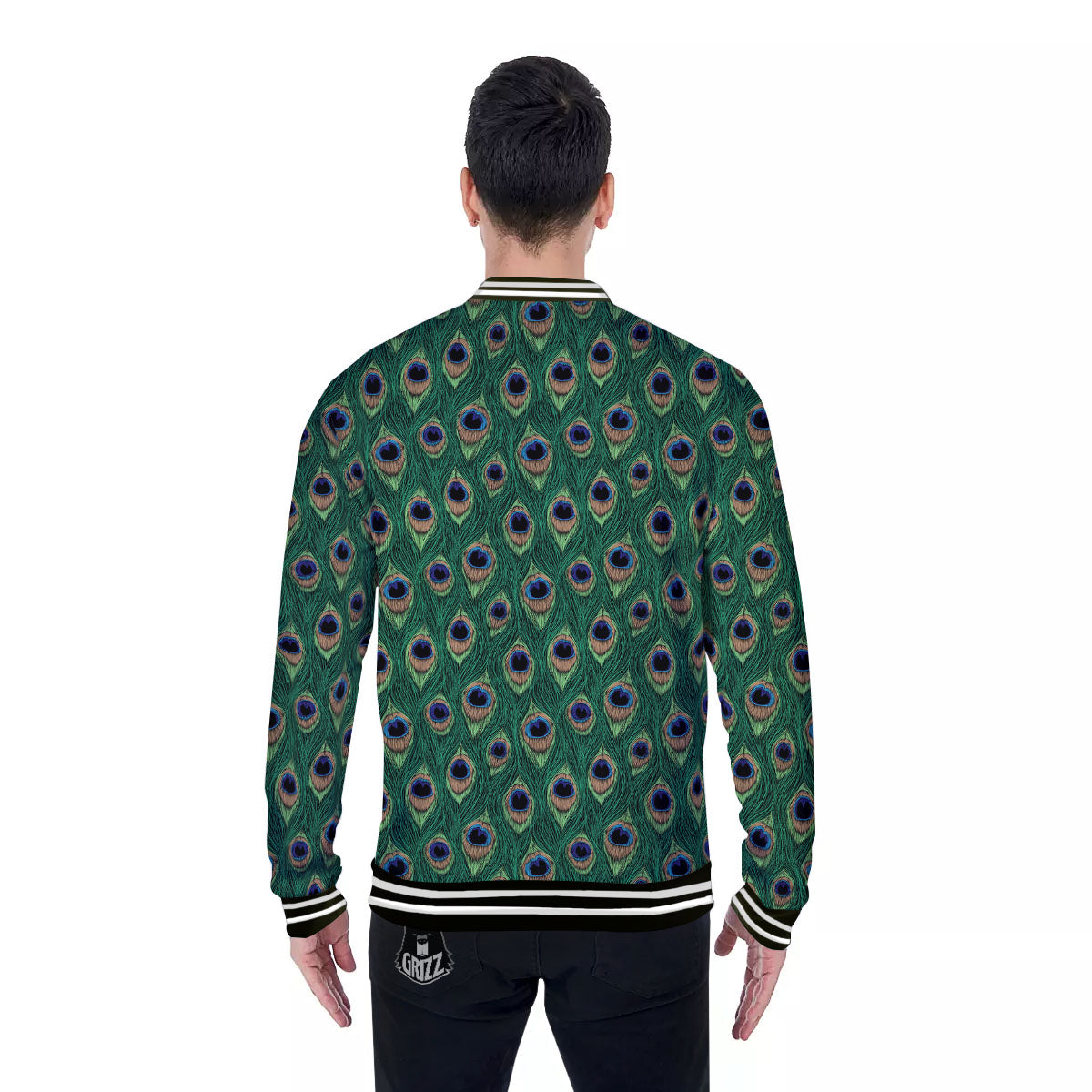 Peacock Tail Print Baseball Jacket-grizzshop