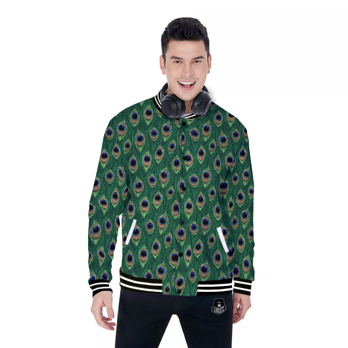 Peacock Tail Print Baseball Jacket-grizzshop
