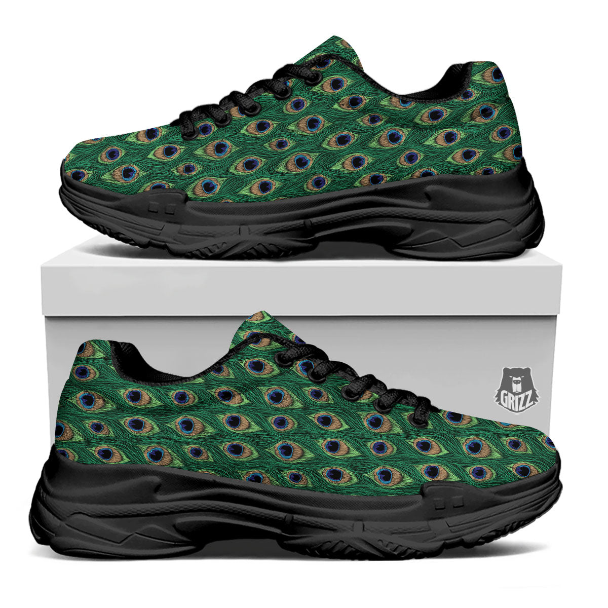 Peacock Tail Print Black Chunky Shoes-grizzshop