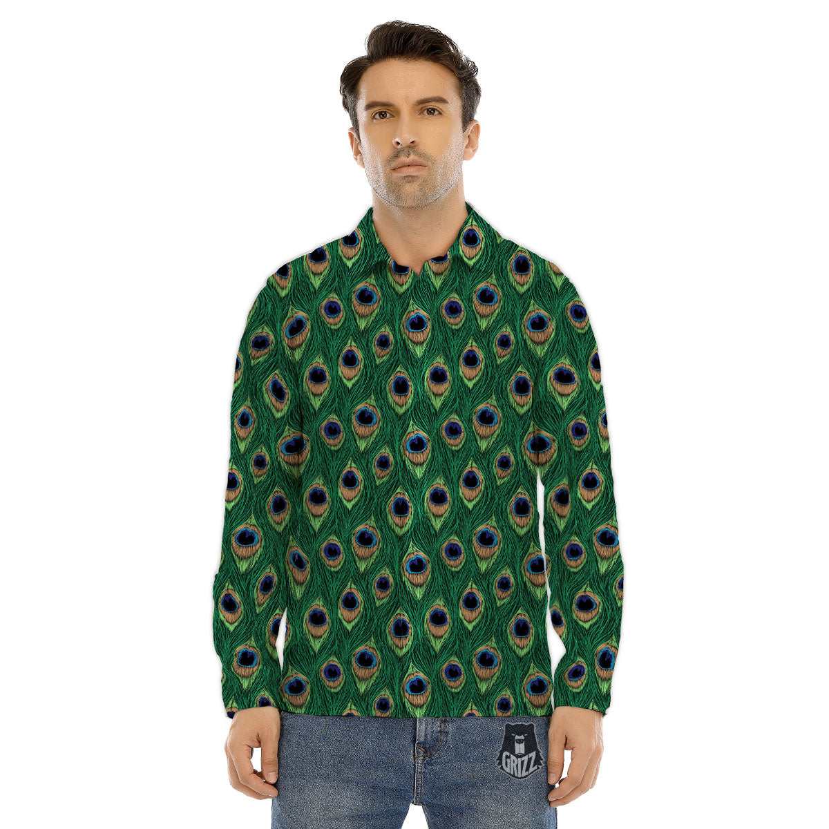 Peacock Tail Print Men's Dress Shirts-grizzshop