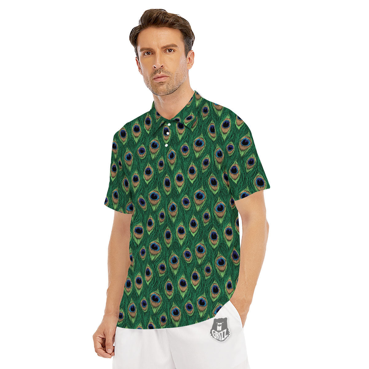 Peacock Tail Print Men's Golf Shirts-grizzshop