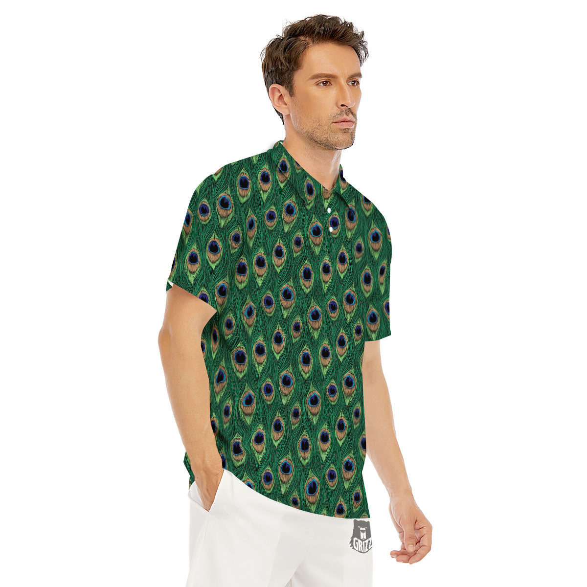 Peacock Tail Print Men's Golf Shirts-grizzshop