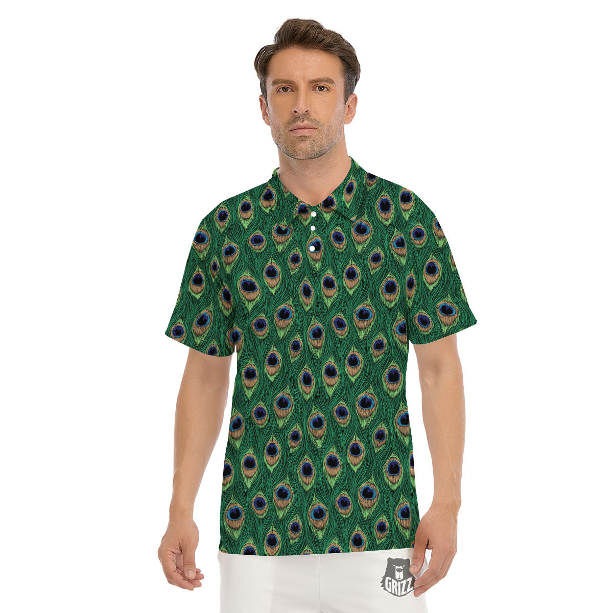 Peacock Tail Print Men's Golf Shirts-grizzshop