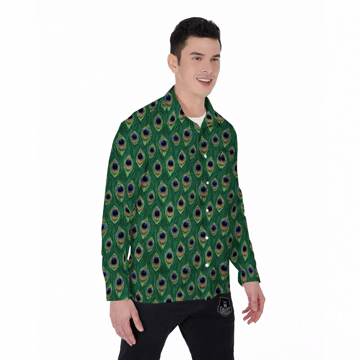Peacock Tail Print Men's Long Sleeve Shirts-grizzshop