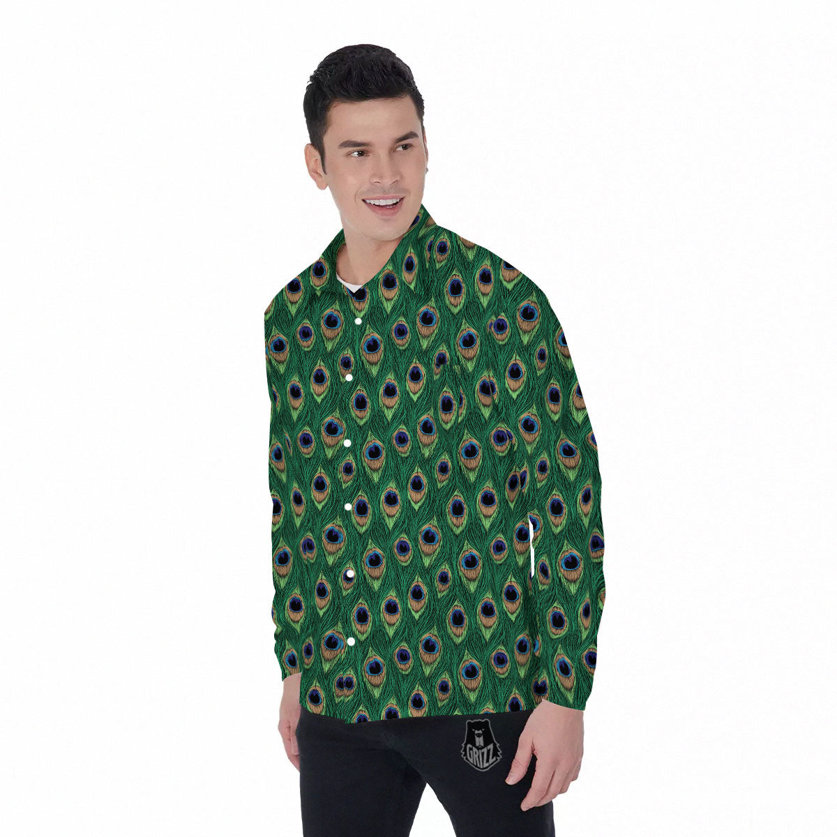Peacock Tail Print Men's Long Sleeve Shirts-grizzshop