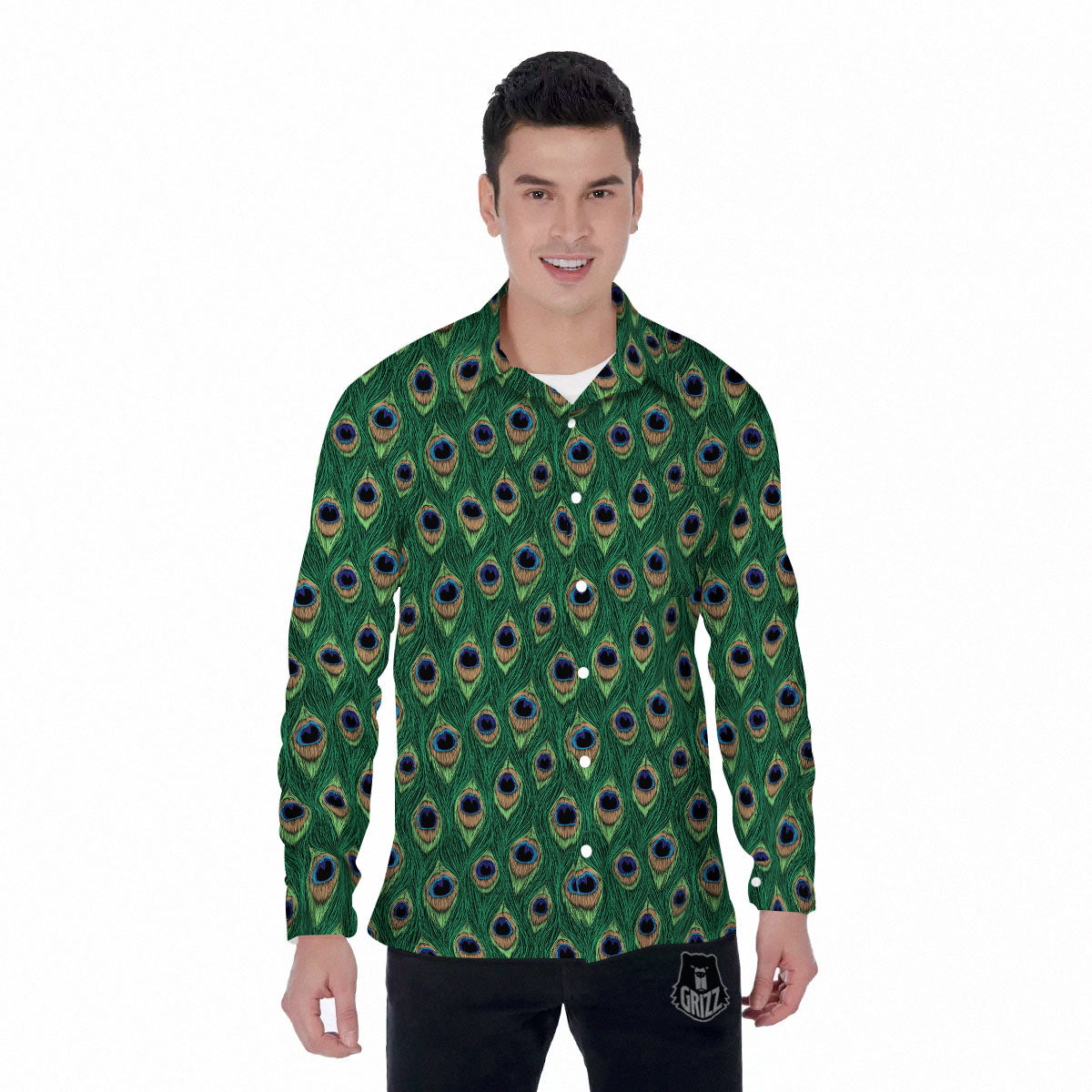 Peacock Tail Print Men's Long Sleeve Shirts-grizzshop