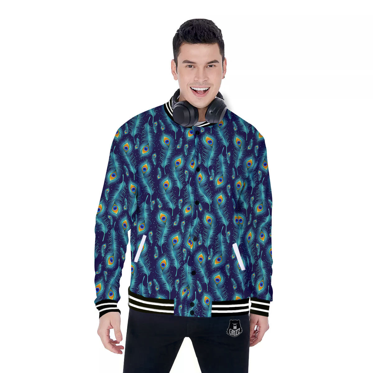 Peacock Tail Print Pattern Baseball Jacket-grizzshop