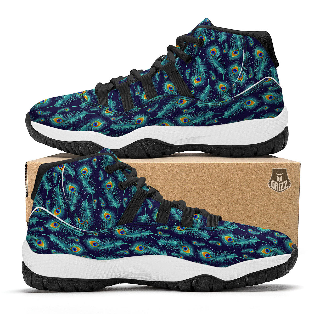 Peacock Tail Print Pattern Black Bball Shoes-grizzshop