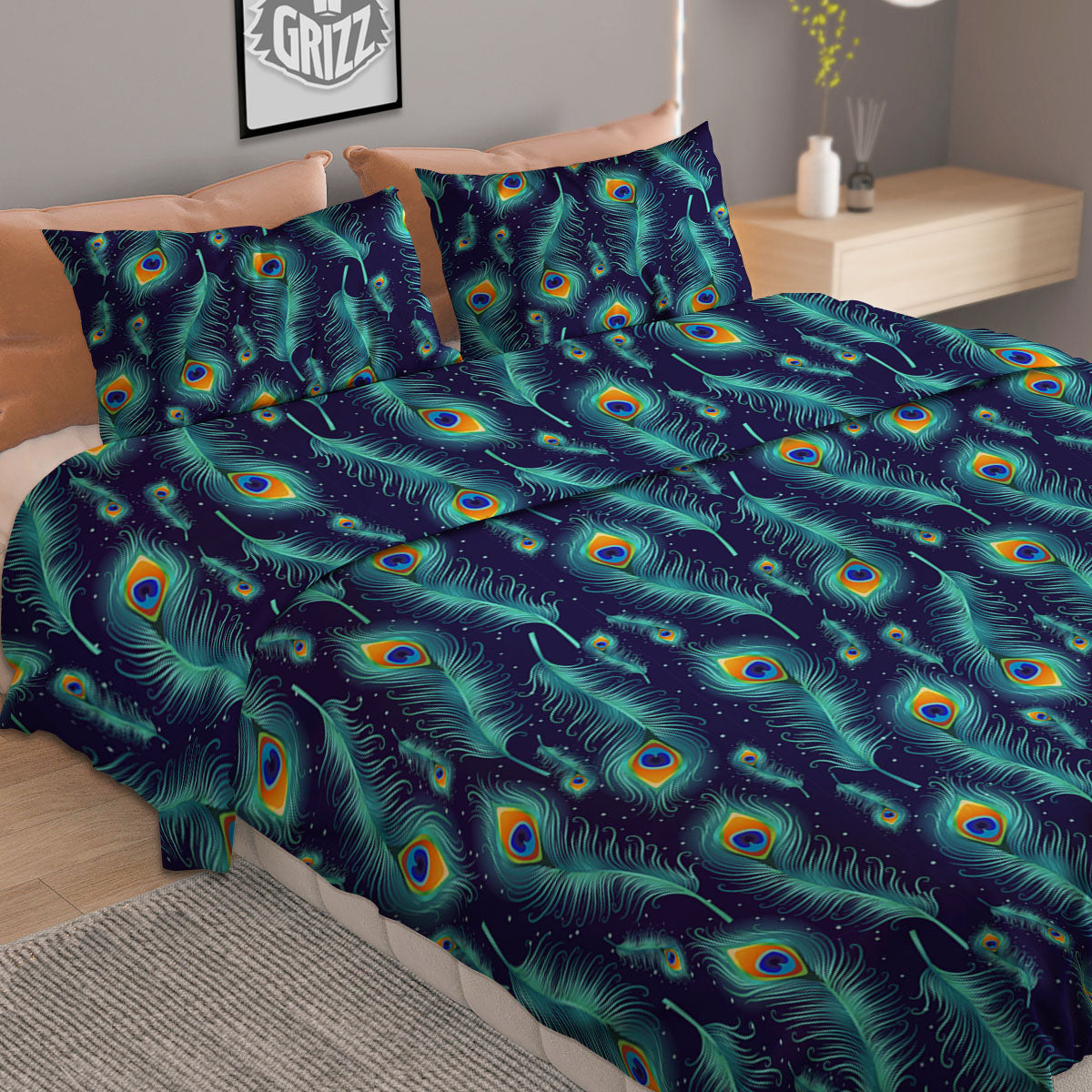 Peacock Tail Print Pattern Duvet Cover Bedding Set