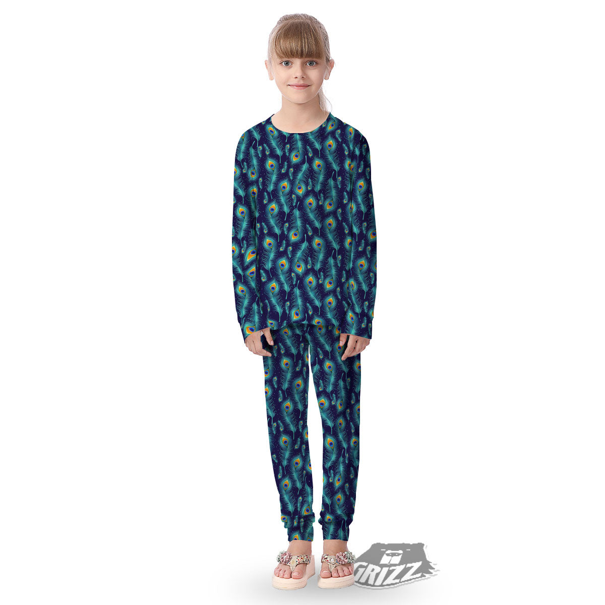 Peacock Tail Print Pattern Kid's Pajamas-grizzshop