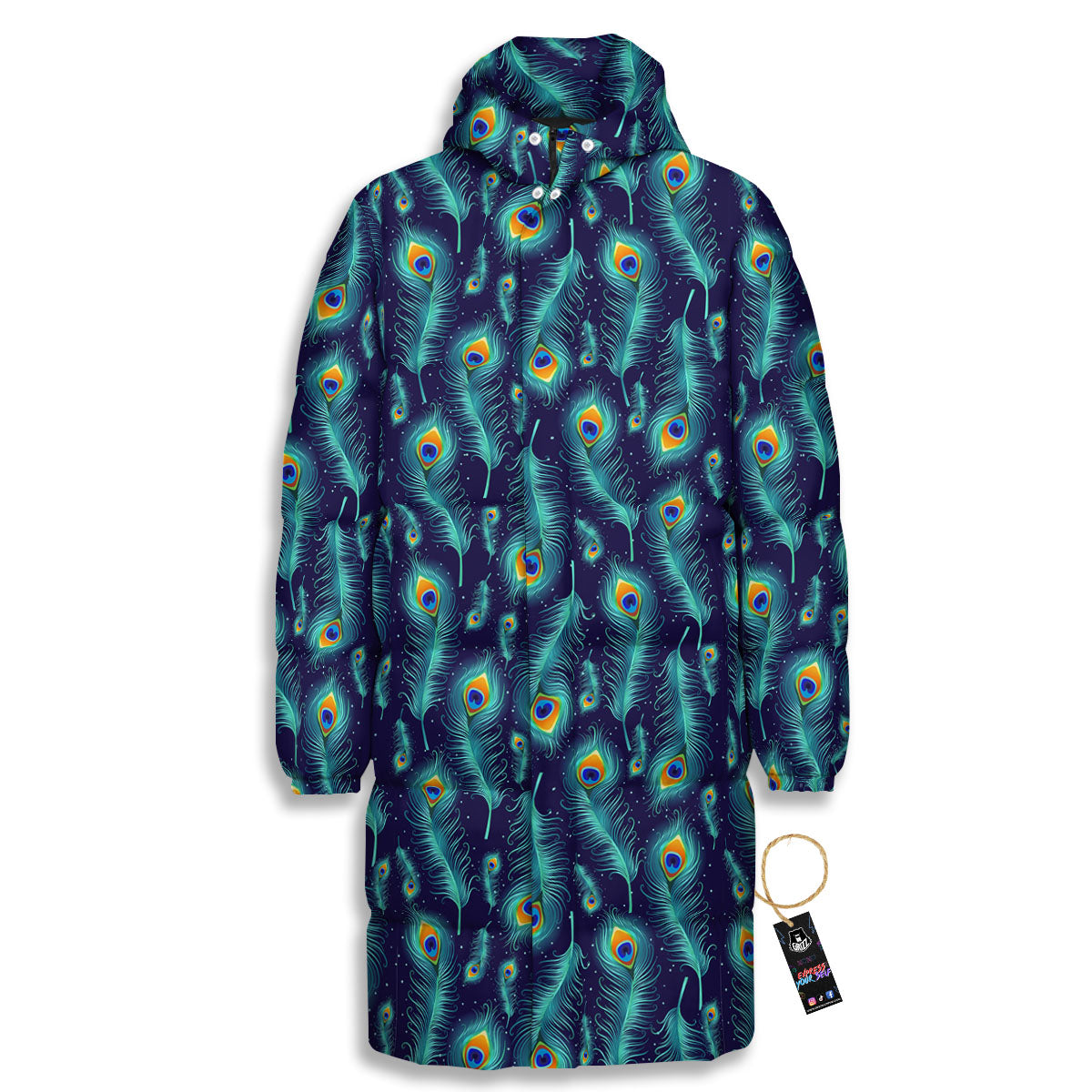 Peacock Tail Print Pattern Long Down Jacket-grizzshop